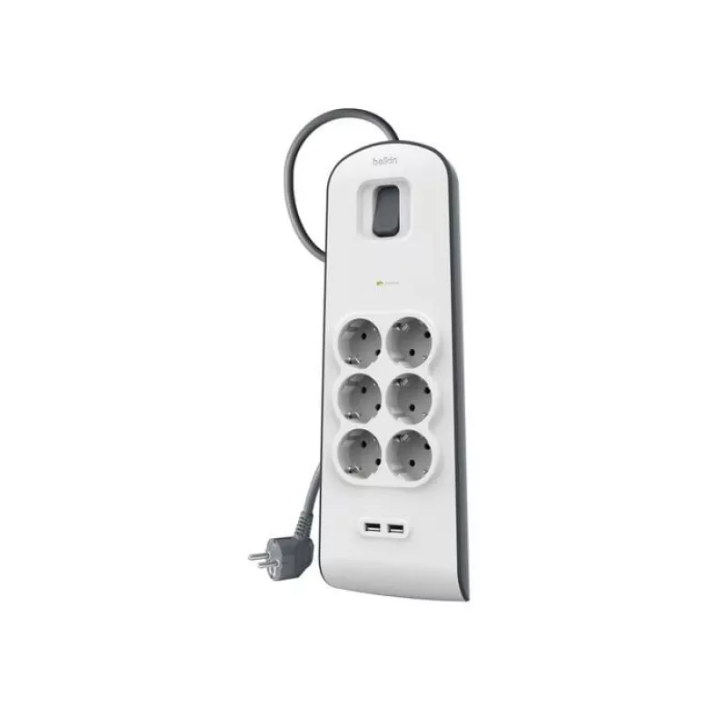 Regleta Belkin BSV604VF2M-V2 — 6 tomas, 2× USB-A, cable de 2 m