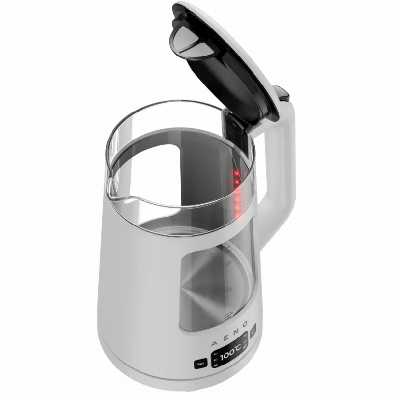 Hervidor de agua AENO EK6: 1850-2200W, 2L, Strix, forma cuadrada, tapa transparente, cristal altamente resistente, iluminación LED, apagado automático, protección contra funcionamiento en seco
