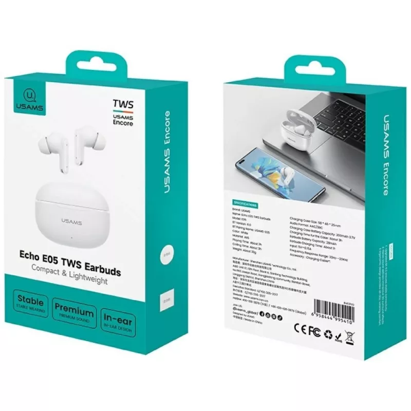 Auriculares Bluetooth 6.0 E05 TWS blancos