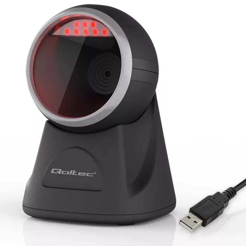 Lector de códigos de barras de sobremesa Qoltec para códigos 1D y 2D, escáner QR, negro