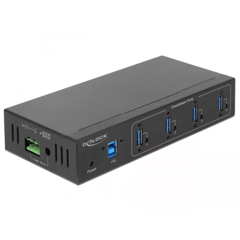 Delock 63309 hub USB industrial externo, 4 x USB 3.0 Type-A, protección ESD de 15 kV, carcasa metálica, montable en pared