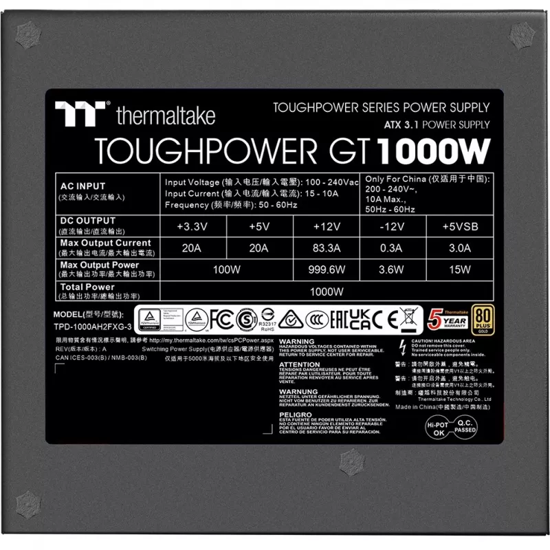 Fuente de alimentación Thermaltake Toughpower GT 1000W 24-pin ATX negra