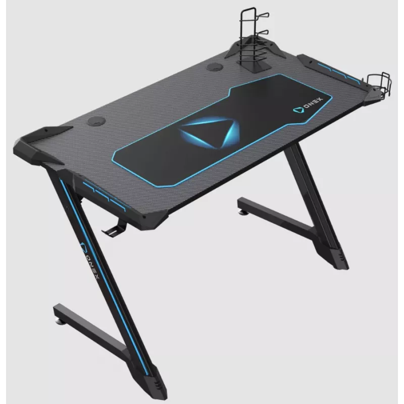 Onex | Escritorio gaming RGB con portavasos, gancho para auriculares, soporte para mando, 114 cm (ancho) | GD1200Z | Negro