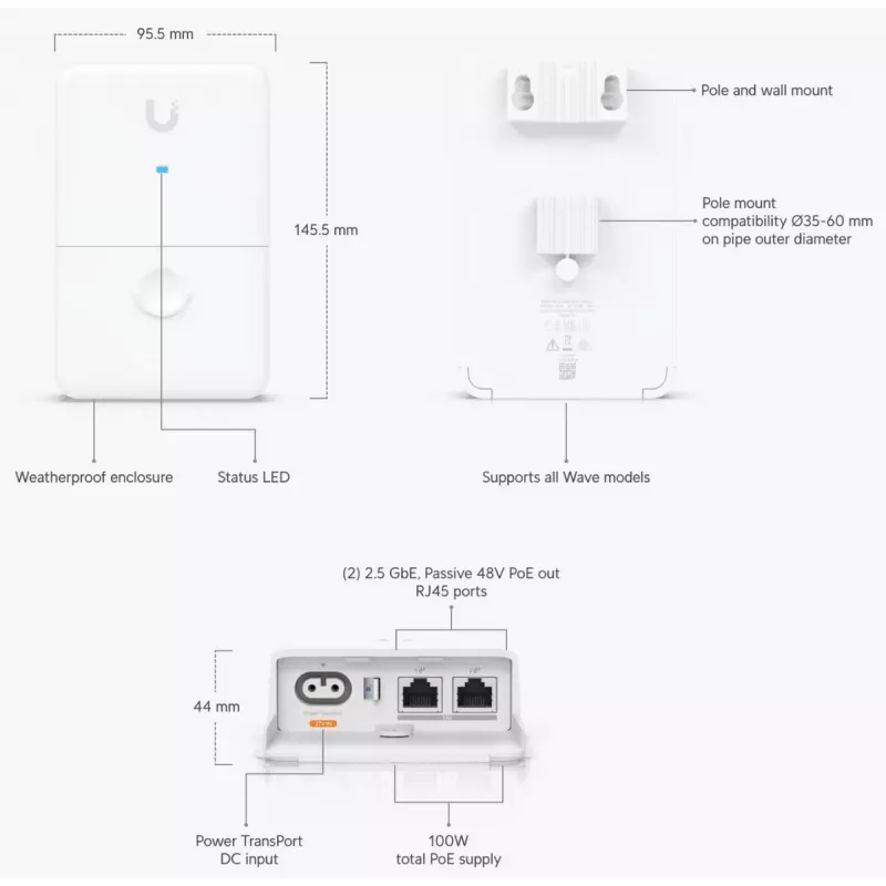 Inyector dual de alimentación Ubiquiti UISP 2.5 Gigabit Ethernet 48 V