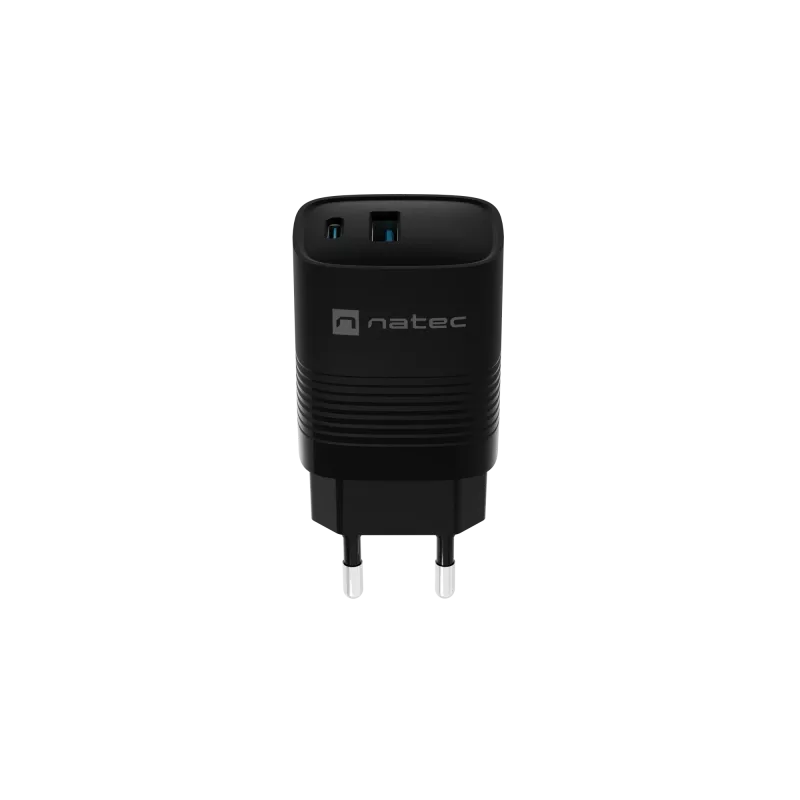 Cargador con cable para dispositivos móviles NATEC NUC-2141, 30W, USB-C PD 3.0 + USB-A QC 3.0, 110–240V, negro