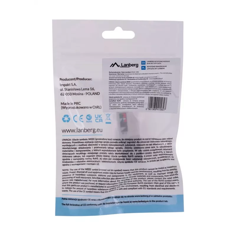 Módulo Keystone LANBERG KSU6-1090, Cat6 U/UTP plano, conector macho RJ-45 a conector hembra LSA, AWG 22/26, 14.5×16.1 mm, blanco