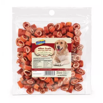 Snacks para perros Hilton Sushi Rolls — pato con pescado, premios duros naturales, 500 g, proteína 35 %, grasa 3 %