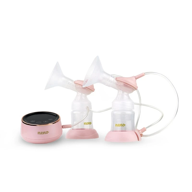 Sacaleches eléctrico neno Bella Twin – electrónico, biberones de 150 ml, 6 niveles de estimulación / 9 de succión, batería de Li-Ion USB, rosa/transparente