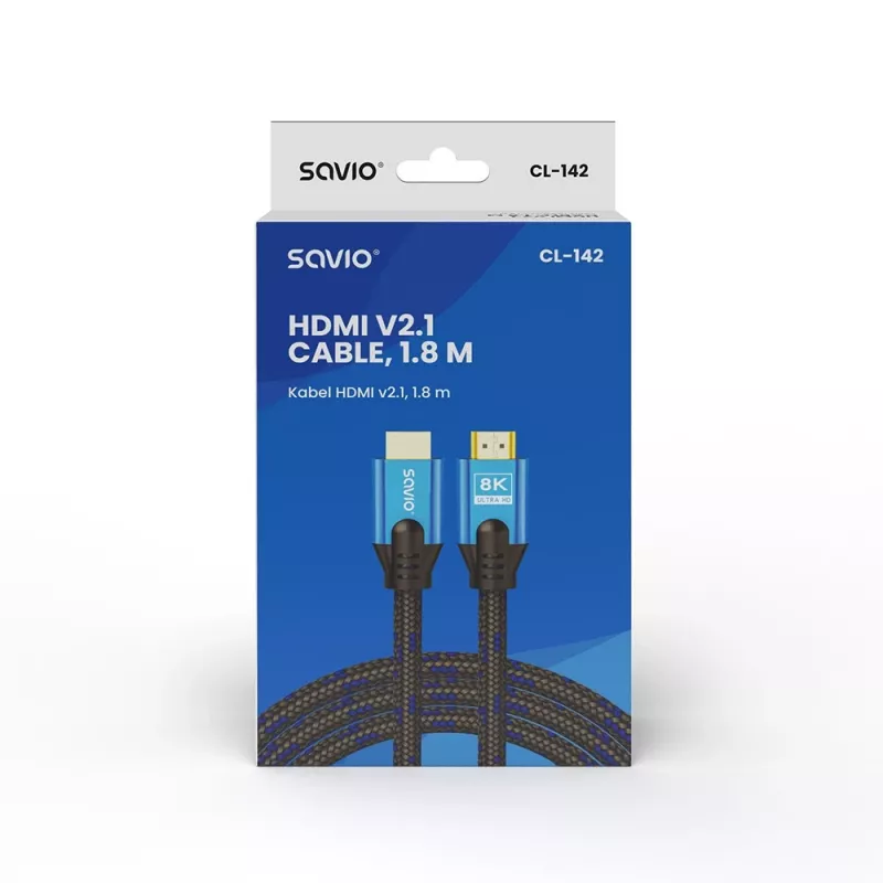 Cable HDMI Savio CL-142 v2.1 1,8 m, HDMI Type-A conector macho–macho, contactos dorados, Negro/Azul