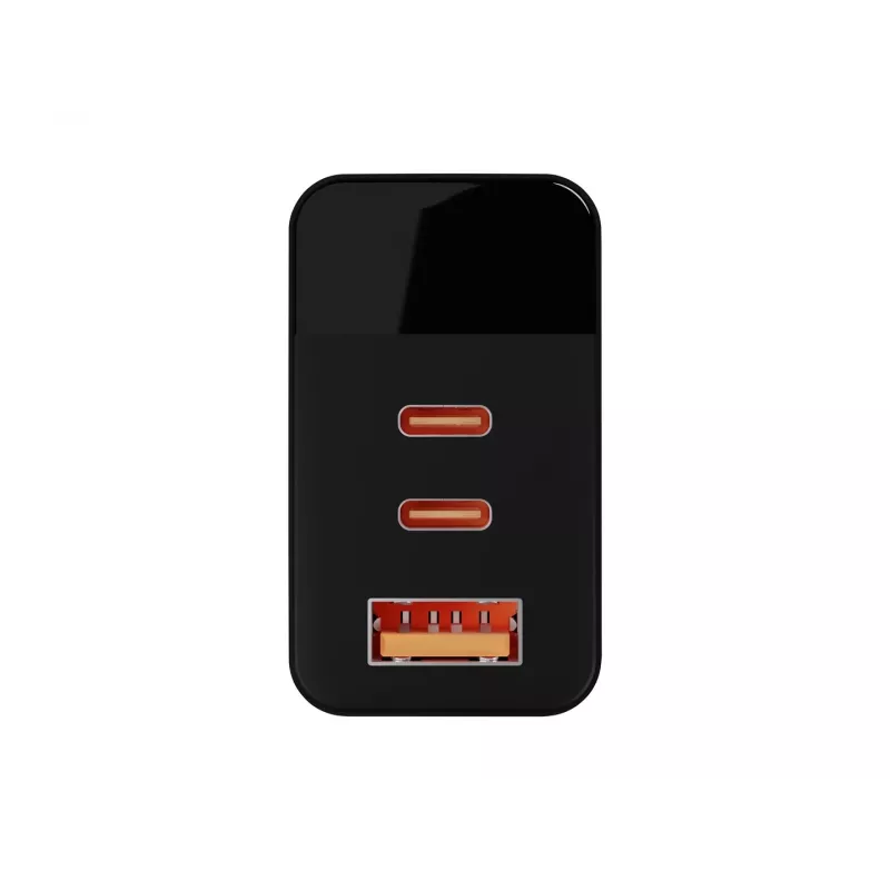 Cargador de pared LCD toma USB + USB-Cx2 PD 65W GAN negro vatímetro