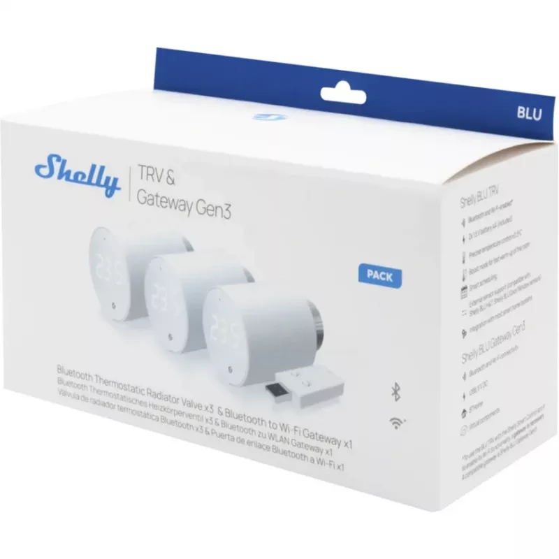 Shelly BLU TRV pack de 3 uds. de termostatos para radiador con BLU Gateway Gen3, blanco