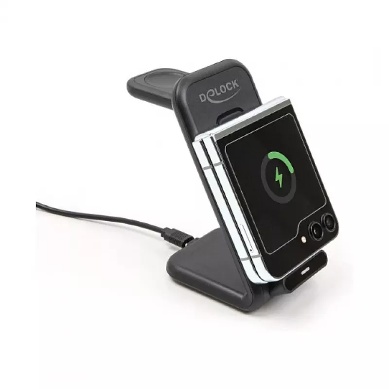DELOCK 66941 Cargador inalámbrico 3 en 1 para smartphone smartwatch auriculares USB Type-C 15 W interior negro