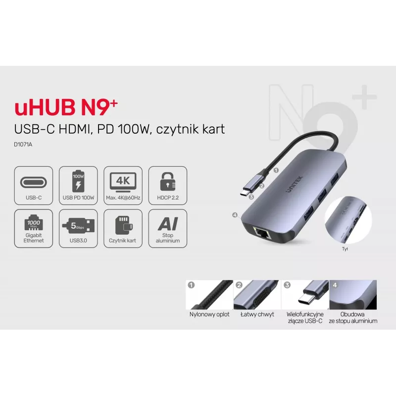 Hub de interfaz UNITEK D1071A USB 3.0 SuperSpeed 5 Gb/s plateado
