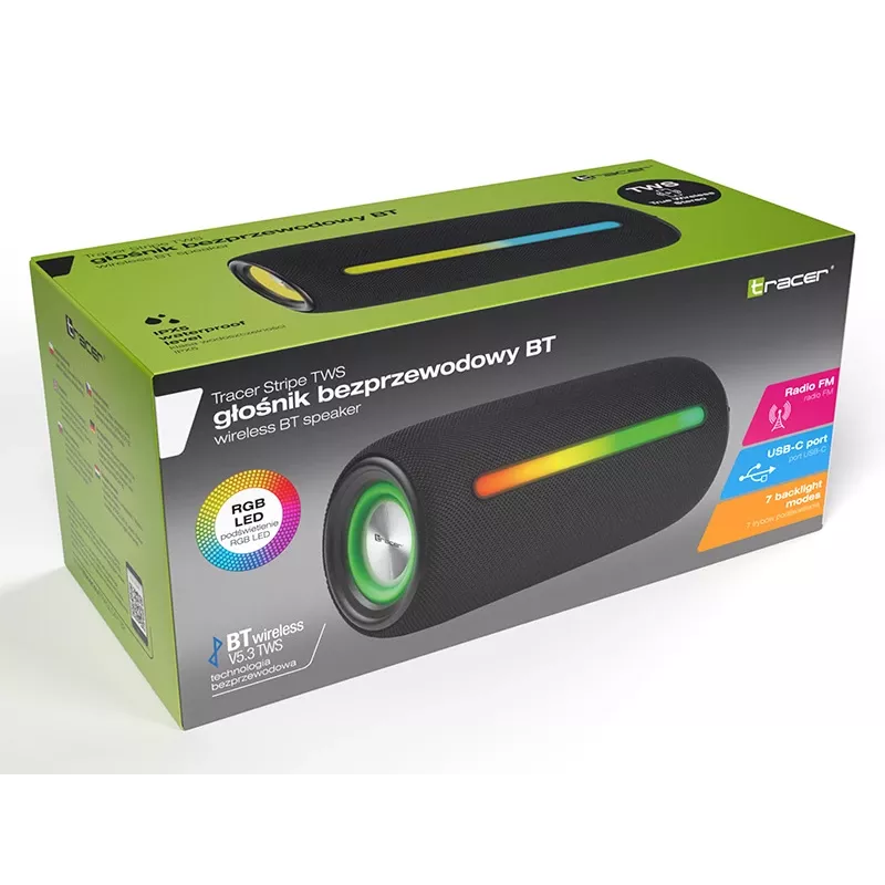 Altavoz portátil estéreo TRACER Stripe negro — 10 W RMS, Bluetooth/cableado, USB-A y USB-C, MicroSD, batería integrada (hasta 5 h)