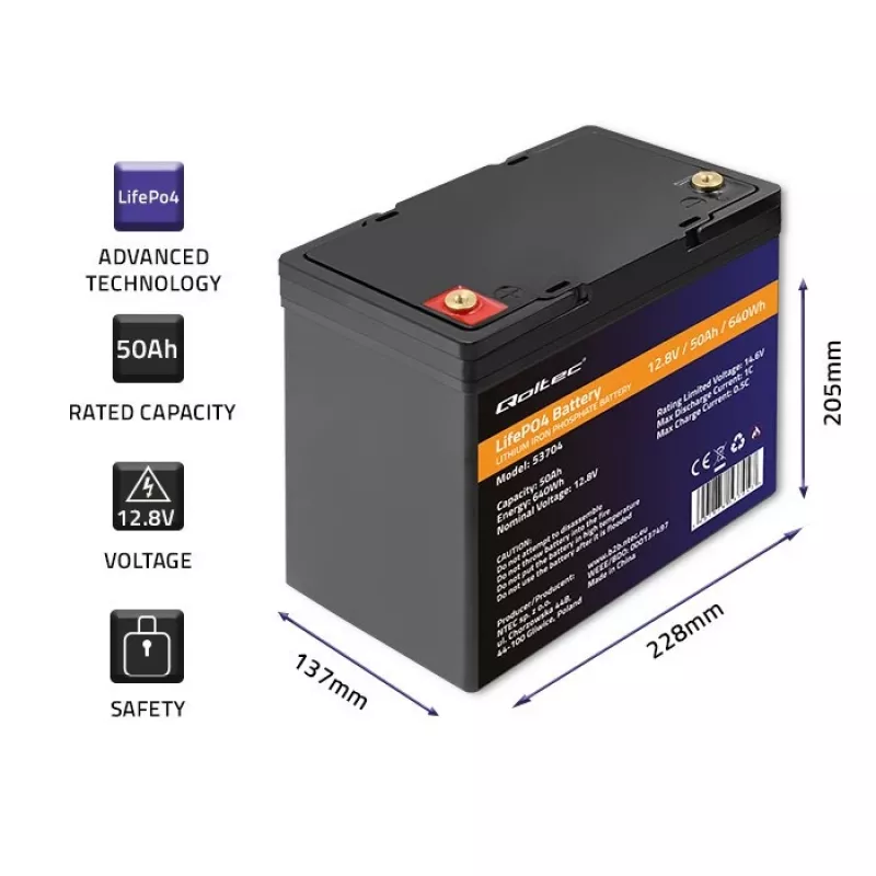 Batería LiFePO4 QOLTEC 12,8 V 50 Ah (modelo 53704) para backup y almacenamiento de energía