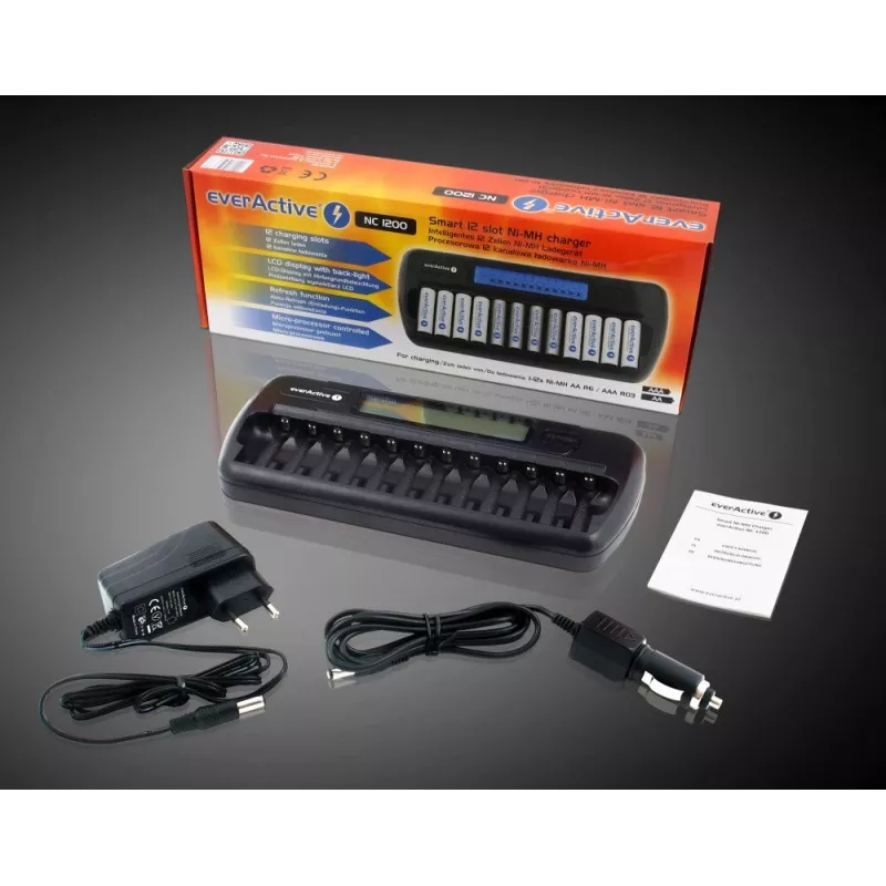 Cargador de baterías everActive NC-1200 – cargador universal de 12 baterías para AA/AAA, entrada 12 V, negro