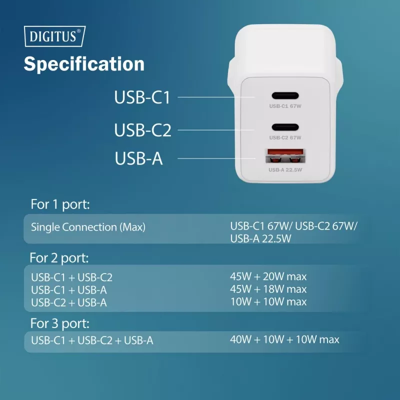 Cargador de pared DIGITUS DA-10303 67W GaN, 2× USB-C + 1× USB-A, 100–240V, blanco