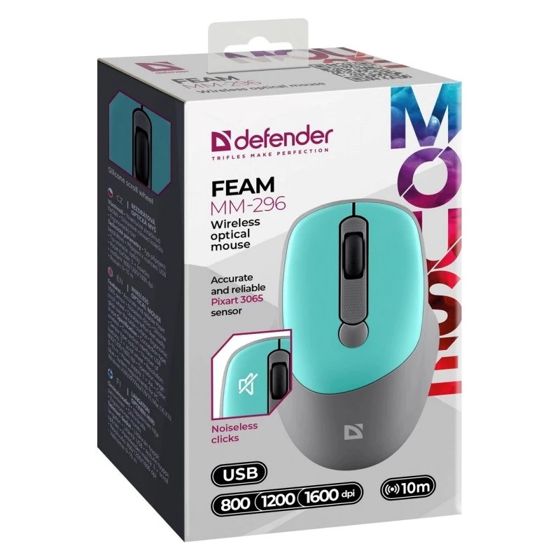 Defender Feam MM-296 52294 ratón inalámbrico, clic silencioso, óptico, 1600 DPI, USB, menta