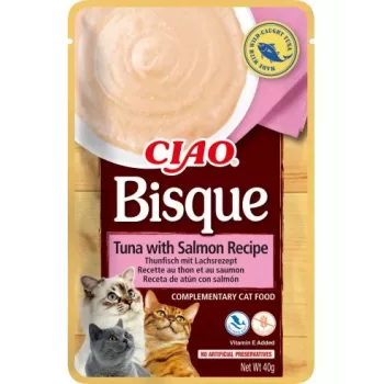 Snack húmedo para gatos INABA Ciao Bisque atún con salmón 40 g — sobre líquido con sabor a pescado, 86 % de humedad, 8 % de proteína