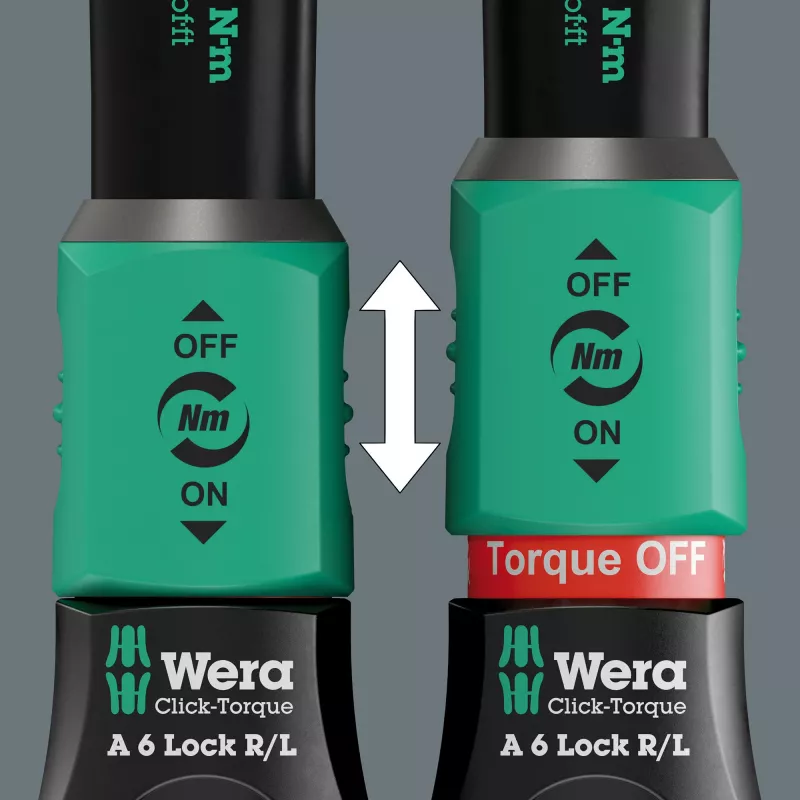 Llave dinamométrica con cuadradillo pasante Click-Torque Lock A 6 R/L negro/verde, salida 1/4 porta puntas, 2,5 a 25 Nm