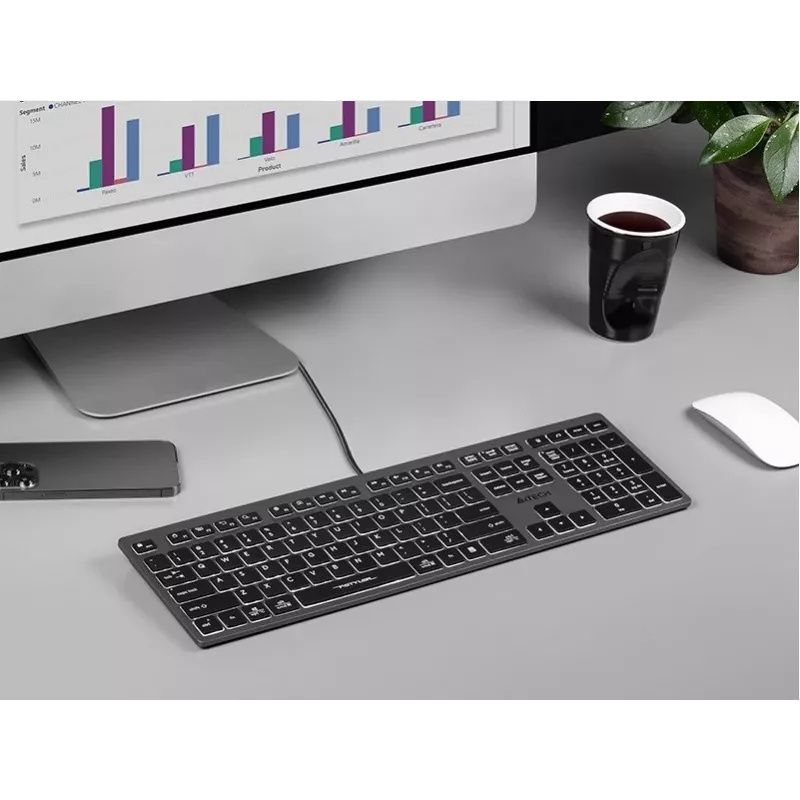 Teclado con cable A4Tech FX60H USB QWERTY – Full-Size 100%, retroiluminado blanco, gris, hub USB