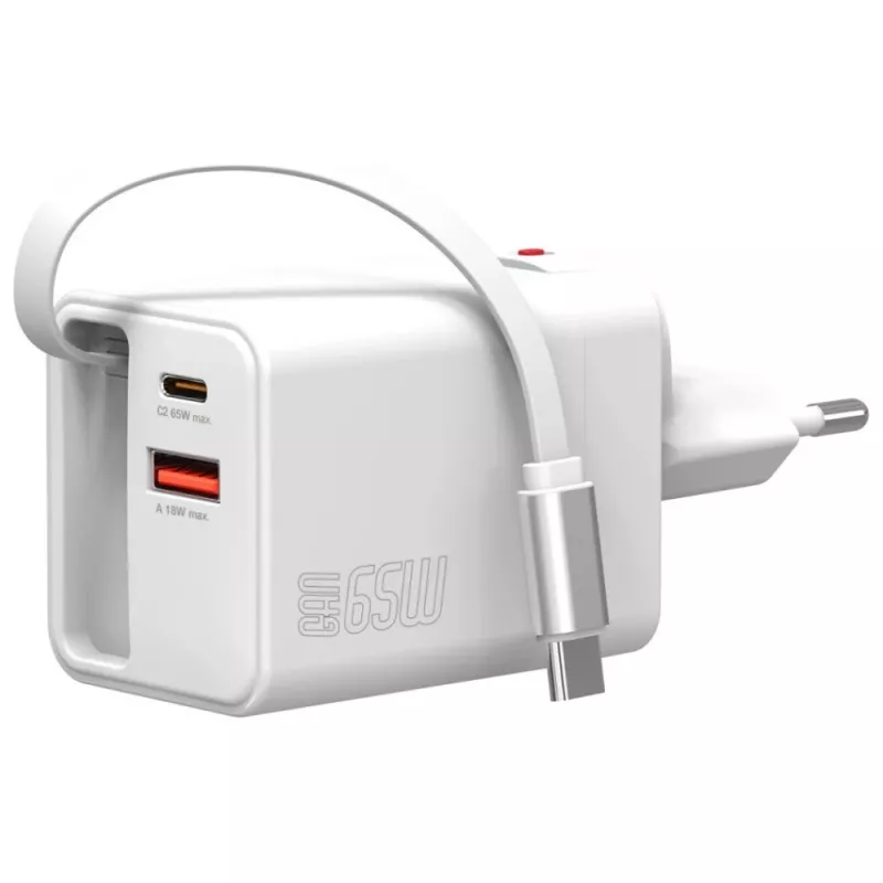 4smarts 541065 GaN Flex Jojo 65W cargador de pared, 2x USB-C PD + USB-A QC 3.0, cable USB-C retráctil, 100-240V, blanco