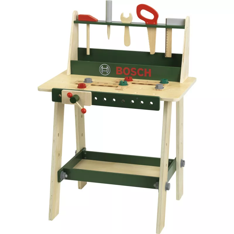 Banco de trabajo de madera para niños Theo Klein Bosch modelo 8169 con encimera de madera de pino de tamaño medio y herramientas de juguete
