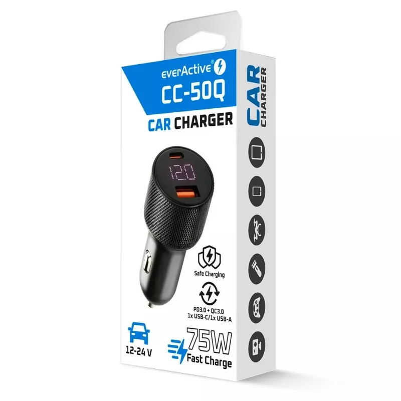 Cargador de coche everActive CC-50Q QC3.0 75W con soporte Quick Charge 3.0 y puertos USB