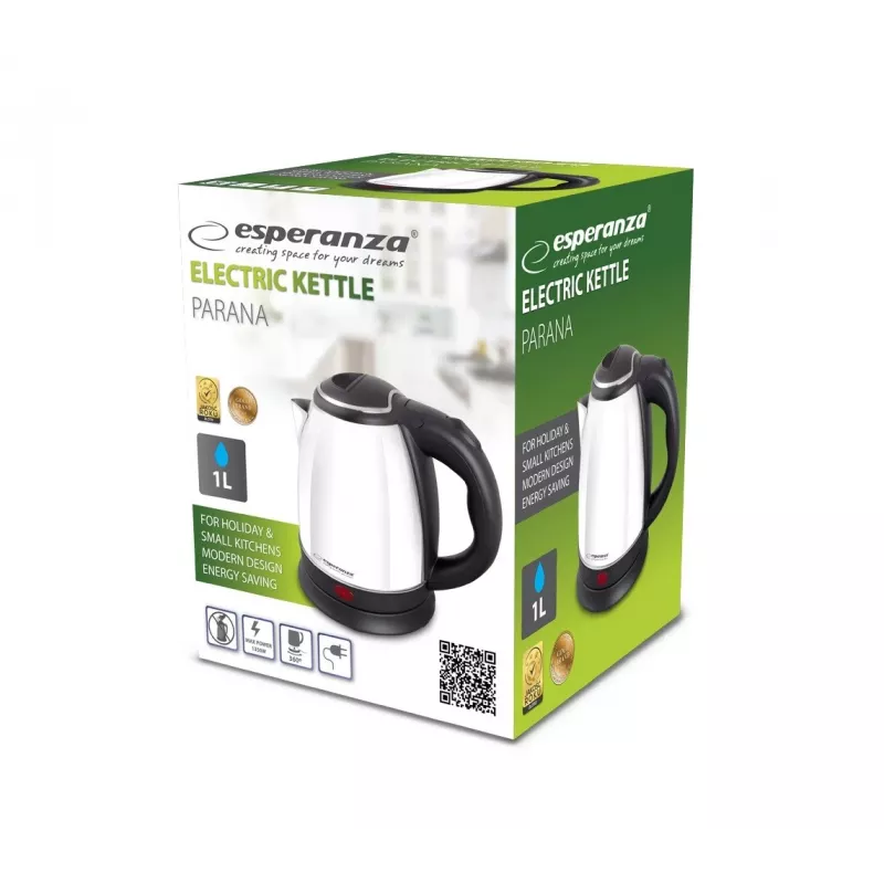 Esperanza EKK128W Parana hervidor eléctrico, 1,0 l, 1350 W, inalámbrico, acero inoxidable, blanco