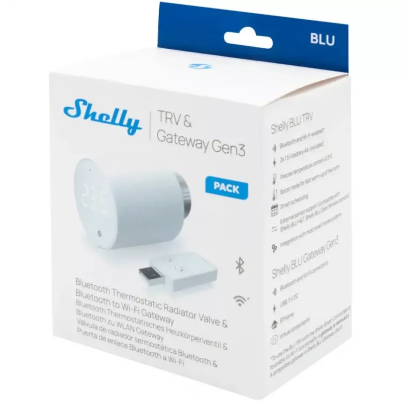 Set de válvula termostática para radiador Shelly Heating Control BLU TRV + BLU Gateway Gen. 3 — M30×1,5, Wi‑Fi, pilas AA, 78 mm de altura