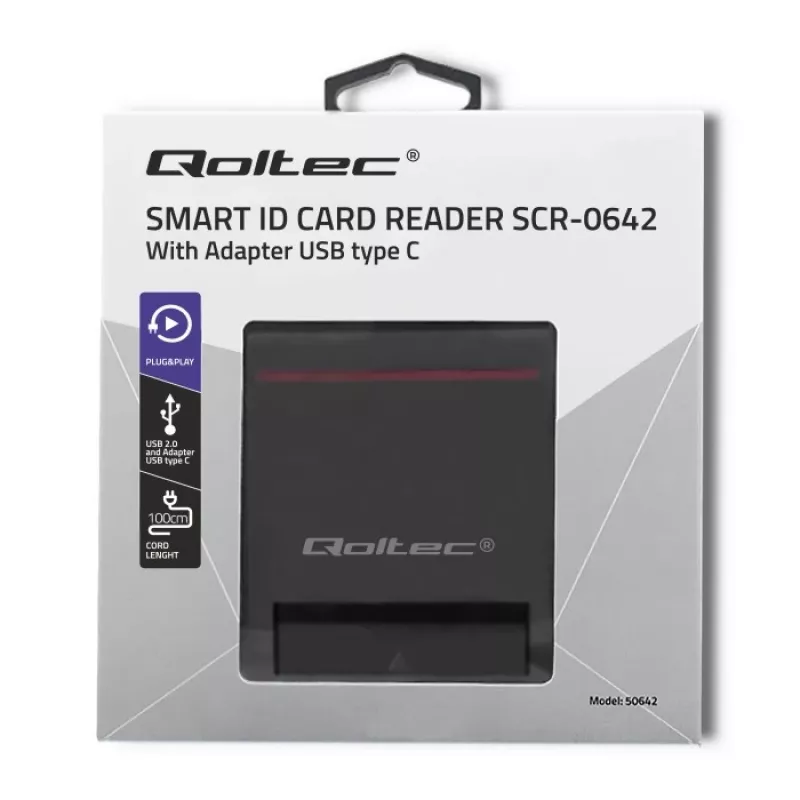 Lector de tarjetas ID QOLTEC Smart-Chip — USB, negro, 84,5×65×16 mm, 63 g