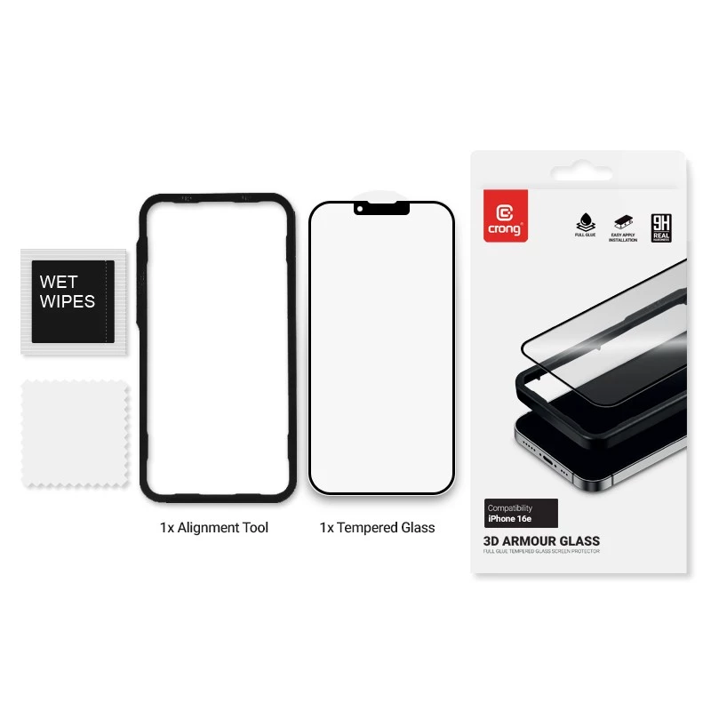 Protector de pantalla de cristal templado Crong para iPhone 16e / 14 / 13 / 13 Pro — cobertura total 3D