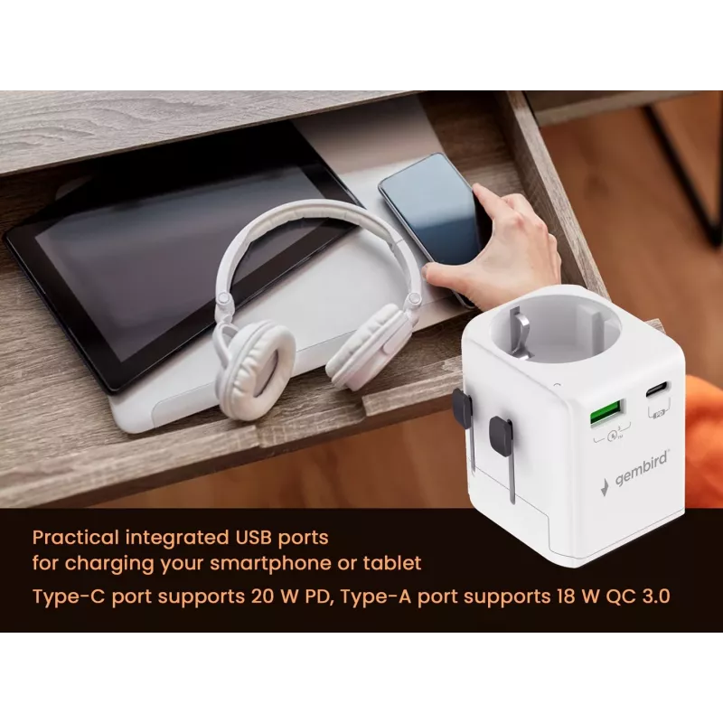 Fuente de alimentación de viaje GEMBIRD TPA-EU1A1C20-01-W 20W, USB-A 18W + USB-C 20W, toma Schuko, entrada 100–250 V