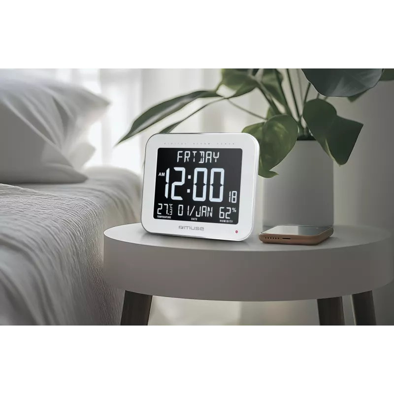 Muse M-090 WMC reloj digital de pared/sobremesa con alarma, pantalla LCD grande con retroiluminación automática, temperatura y humedad interiores, calendario, rectangular, blanco