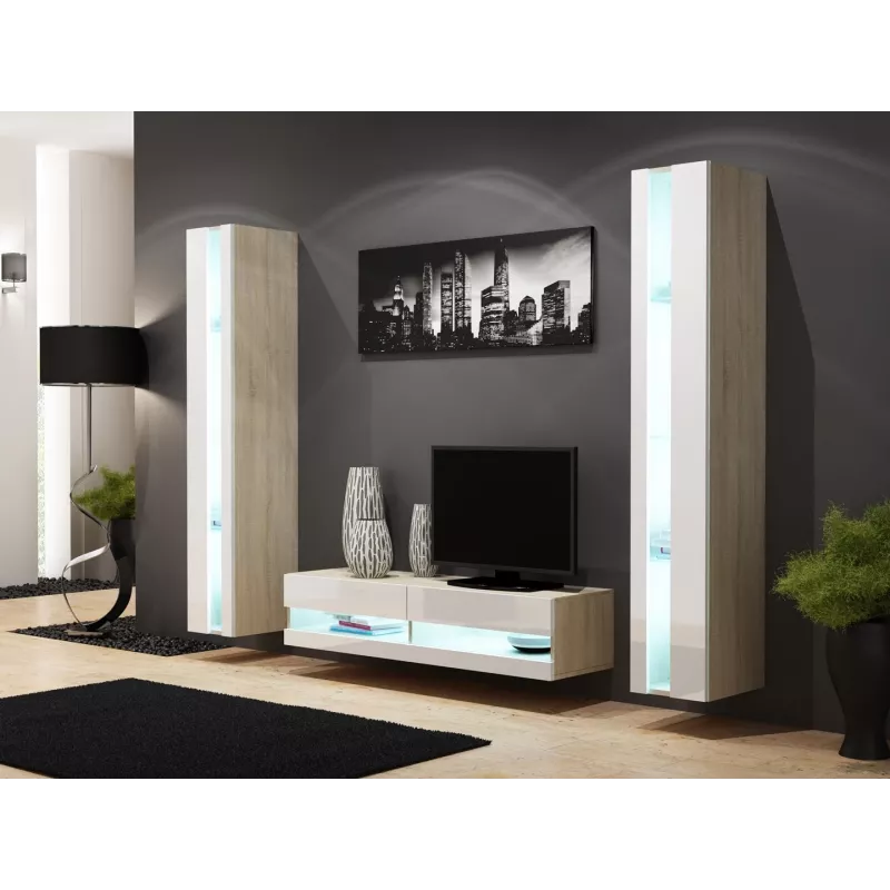 Conjunto de armarios de salón Cama VIGO nuevo 12 roble Sonoma/blanco brillante