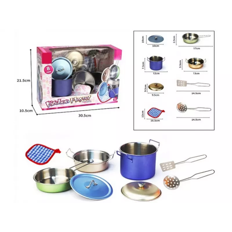 Set de cocina de metal de 8 piezas de Madej — utensilios y menaje de cocina de juguete de metal, accesorios para cocinitas
