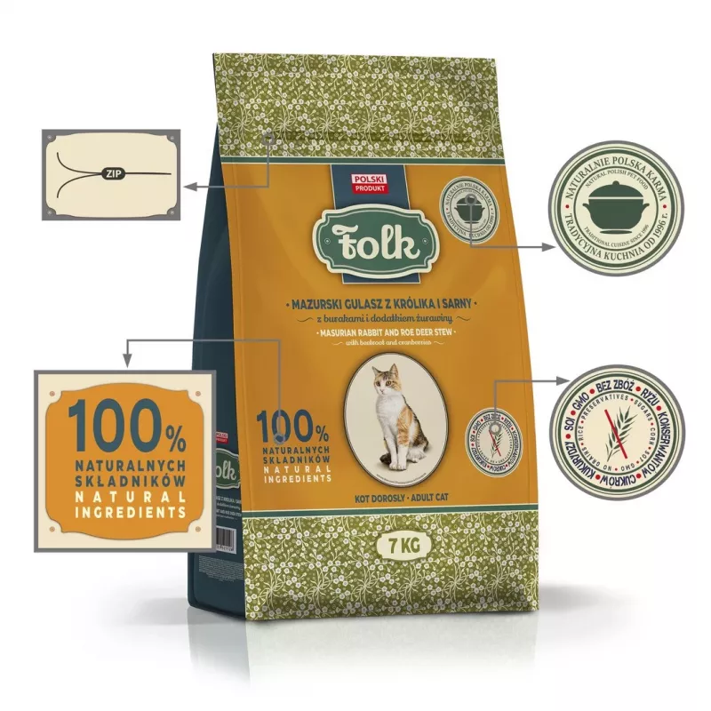 FOLK Estofado de conejo y corzo de Masuria con remolacha y arándanos rojos - Comida seca para gatos - 7 kg