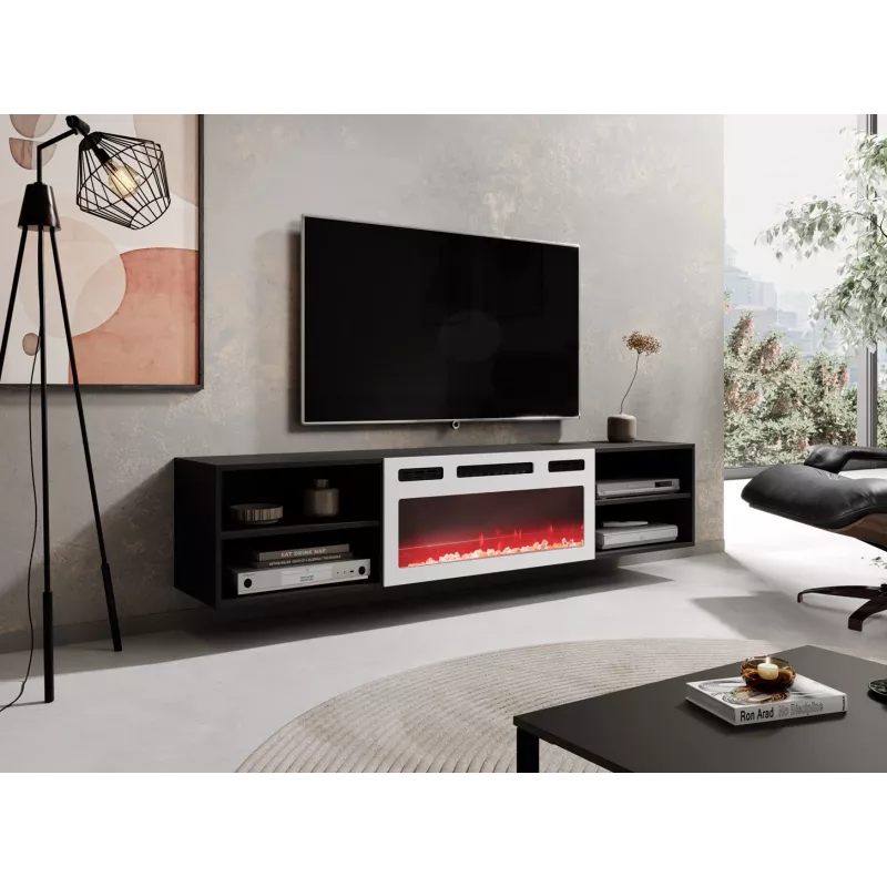Mueble TV POLO 180x33x39 negro + chimenea blanca