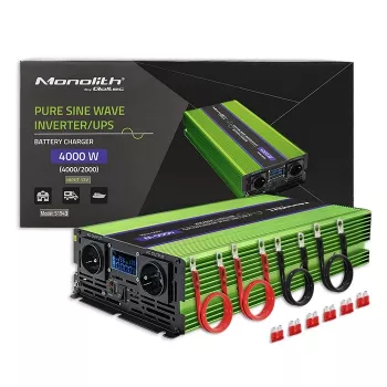 Qoltec Monolith Convertidor de tensión | Carga de batería | SAI | 2000W | 4000W | 12V a 230V | Onda senoidal pura | LCD negro-verde