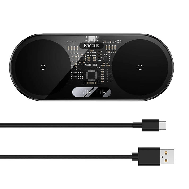 Cargador inalámbrico 2 en 1 20W con pantalla LED digital Baseus para auriculares negro