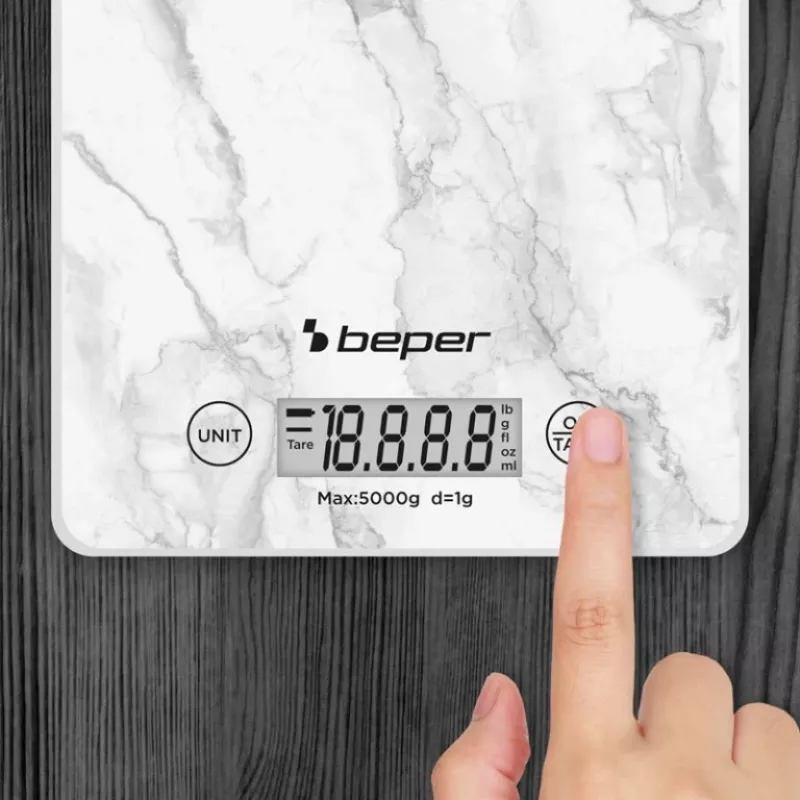 Báscula de cocina Beper P102BIL004 - digital, 5 kg, 1 g, mármol blanco