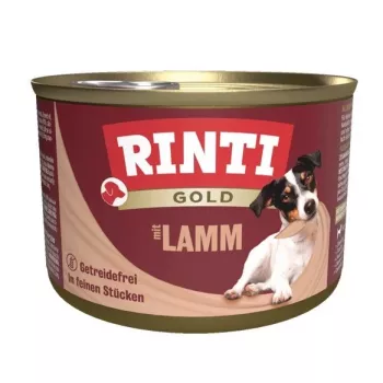 Comida húmeda RINTI Gold cordero 185 g — alimento completo para perros adultos en lata, 79 % humedad, 10 % proteína, 8 % grasa