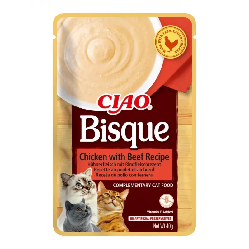 Sobres de comida húmeda para gatos INABA Ciao Bisque — surtido: pollo, ternera, pescado; 24 × 40 g
