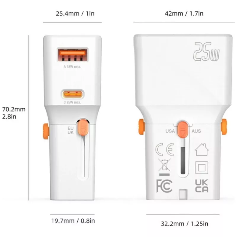 Cargador de viaje 25W World Travel 25W USB-C + A