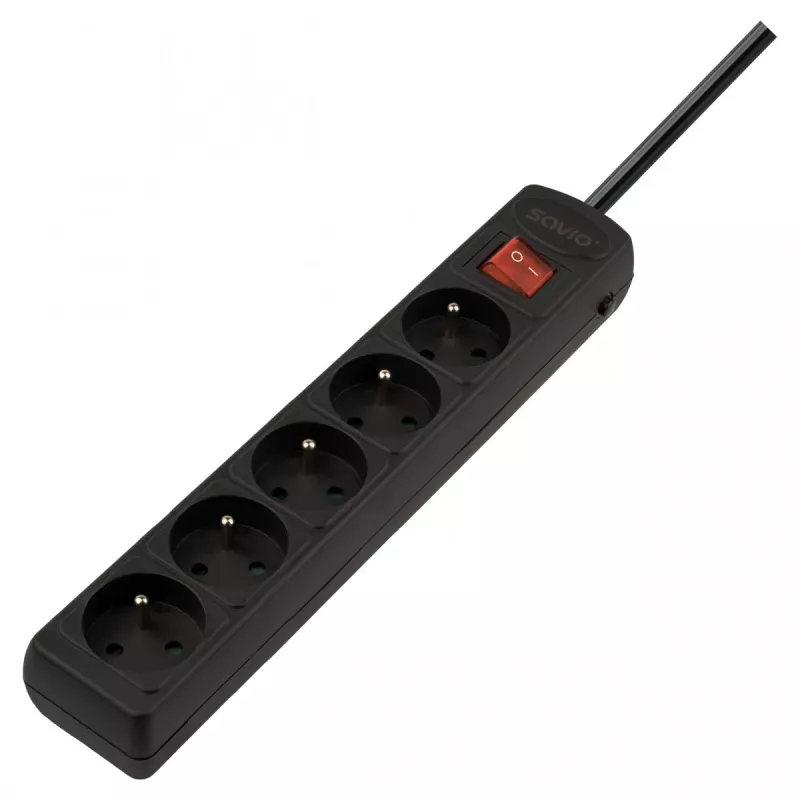 Regleta de enchufes SAVIO LZ-16 — cable de 1,8 m, 5 tomas AC, interior, 210–250 V, 50 Hz, 2500 W, negra