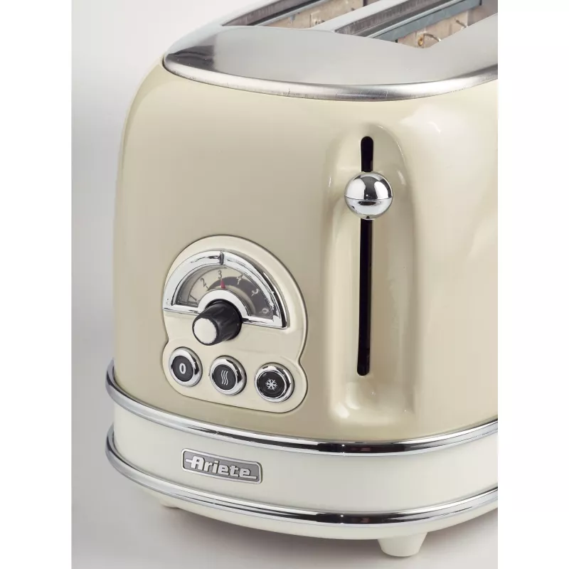Tostadora Ariete 155 Design de 2 ranuras con cestillos para sándwich, 6 niveles de tostado, 810 W, carcasa de acero inoxidable, bandeja recogemigas extraíble, beige pastel
