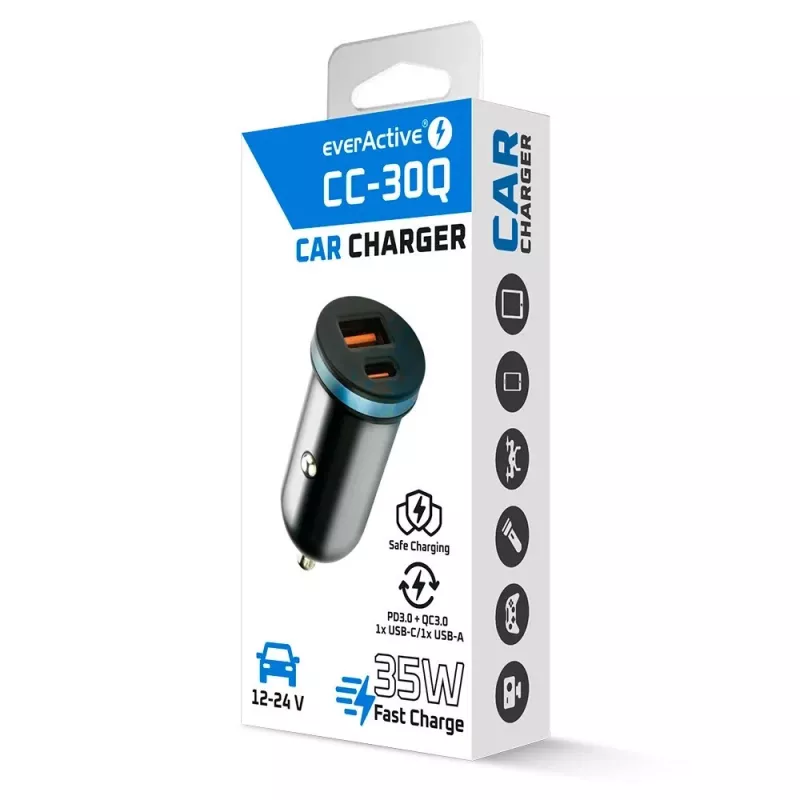 Cargador de coche everActive CC-30Q QC3.0 35W – 1x USB-A, 1x USB-C, carga rápida