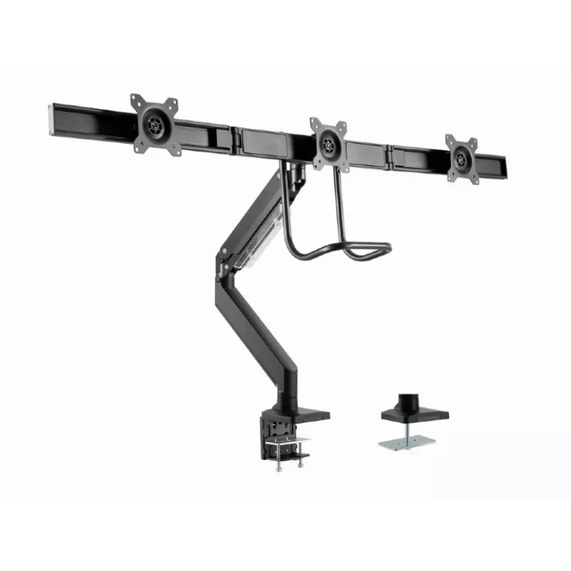 Soporte de escritorio para monitor GEMBIRD MA-DA3-03, 3 brazos, resorte de gas, VESA 75–100x100, soporta 3 pantallas de hasta 27 inch , máx. 18 kg, negro