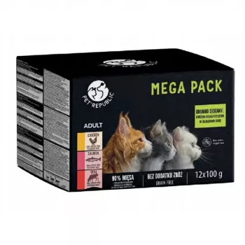 Bolsitas de comida húmeda para gatos PetRepublic 12x100g — pollo, salmón, ternera