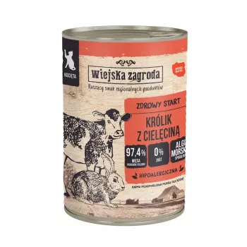WIEJSKA ZAGRODA Conejo con ternera para gatitos – Comida húmeda para gatos – 400g